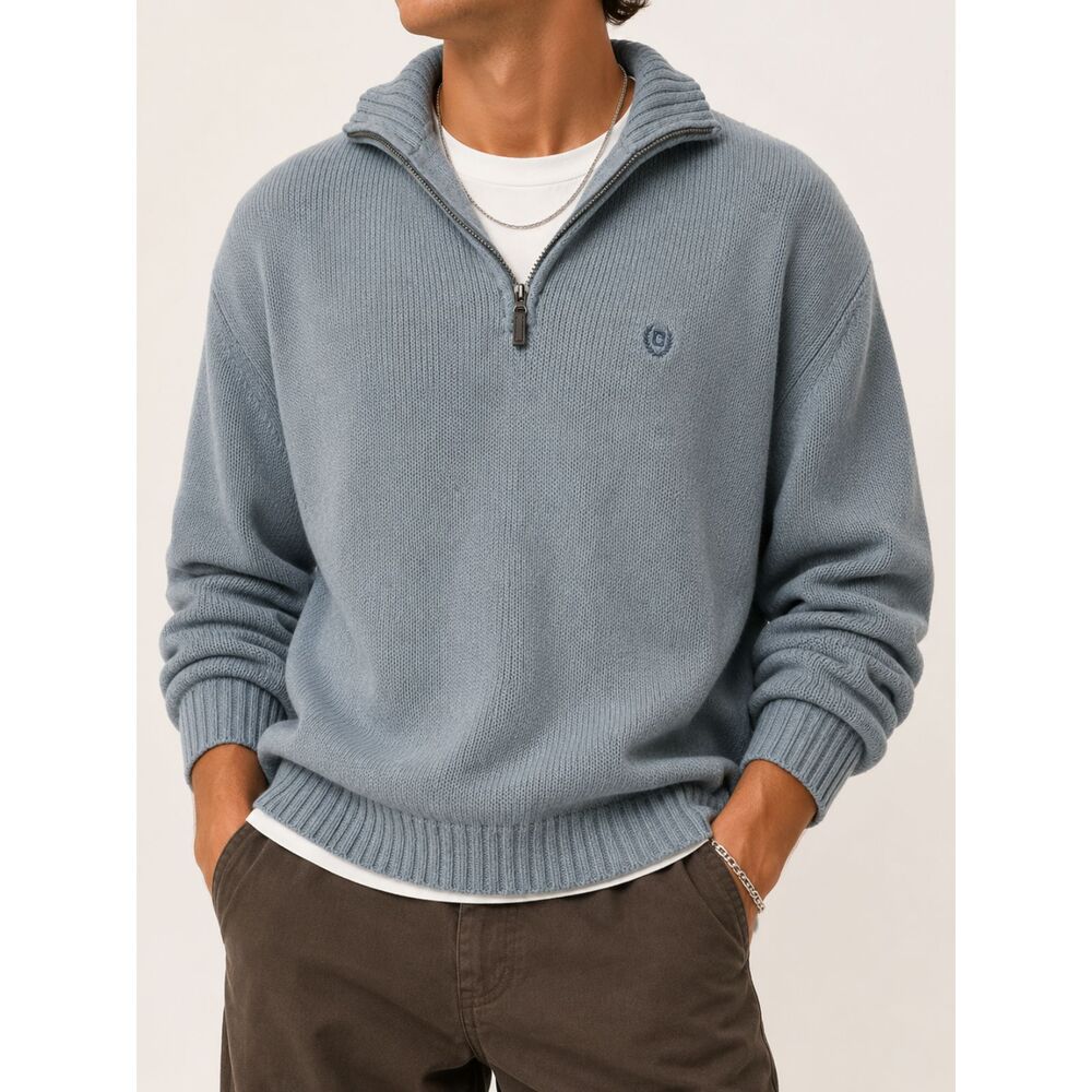 Chaps Gray Quarter Zip Sweater Large 100% Cotton Preppy Old Money Academia